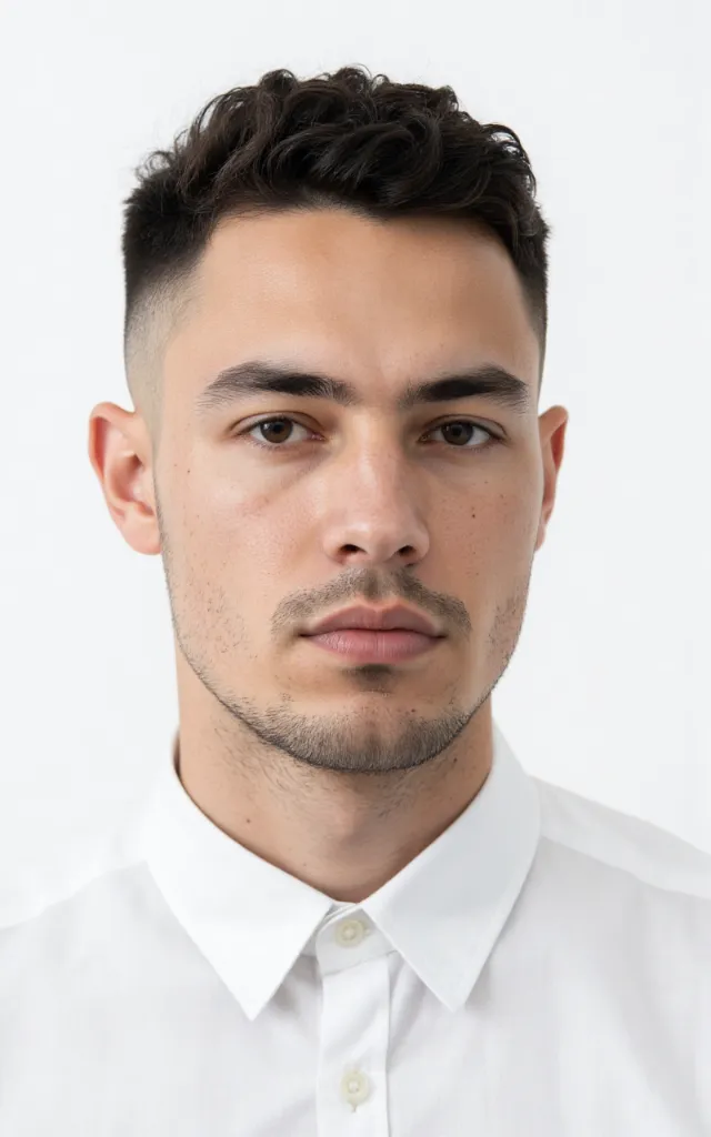 A French male model with a Low fade, wearing a shirt, against a white background, in a front   facing bust portrait